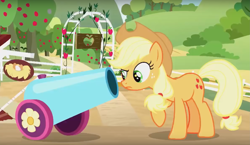 Size: 2675x1552 | Tagged: safe, screencap, applejack, earth pony, pony, season 8, yakity-sax, party cannon, this will end well, what could possibly go wrong, youtube link