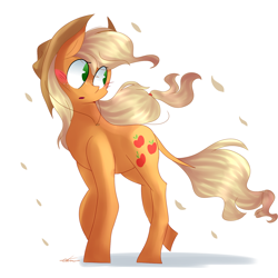 Size: 1500x1500 | Tagged: safe, artist:dddreamdraw, applejack, earth pony, pony, blushing, cowboy hat, cute, female, hat, jackabetes, leonine tail, looking back, mare, simple background, solo, stetson, white background