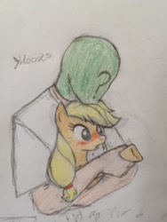 Size: 960x1280 | Tagged: safe, artist:kabayo, applejack, oc, oc:anon, human, pony, blushing, colored, holding a pony, holding hooves, hooves, human on pony hoof holding, pencil drawing, traditional art