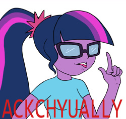 Size: 1306x1236 | Tagged: safe, artist:slamjam, sci-twi, twilight sparkle, equestria girls, 4chan, actually, clothes, drawthread, female, glasses, meme, ponified meme, shirt, simple background, solo, tongue out, white background