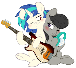 Size: 3720x3343 | Tagged: safe, artist:chub-wub, dj pon-3, octavia melody, vinyl scratch, earth pony, pony, unicorn, back to back, bass guitar, blushing, female, headphones, high res, hoof hold, lesbian, mare, missing accessory, musical instrument, one eye closed, scratchtavia, shipping, simple background, song, song reference, transparent background, wrong eye color