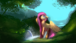 Size: 4300x2450 | Tagged: safe, artist:auroriia, fluttershy, pegasus, pony, cute, female, floppy ears, looking up, mare, outdoors, scenery, shyabetes, solo, spread wings, waterfall, wings