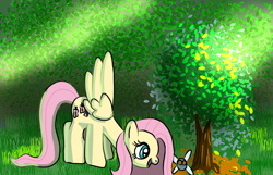 Size: 1247x801 | Tagged: safe, artist:platinumdrop, fluttershy, parasprite, pegasus, pony, female, looking at something, looking down, mare, open mouth, outdoors, smiling, solo, standing, tree, wings