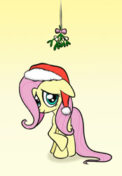 Size: 1127x1623 | Tagged: safe, artist:narbarnar, fluttershy, pegasus, pony, christmas, cute, female, floppy ears, hat, holiday, looking at you, mare, mistletoe, santa hat, shy, shyabetes, simple background, smiling, solo, standing