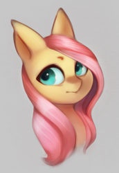 Size: 689x1000 | Tagged: safe, artist:derpyrider, fluttershy, pegasus, pony, bust, female, gray background, looking sideways, mare, portrait, simple background, solo, three quarter view