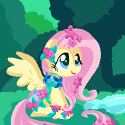 Size: 1772x1772 | Tagged: safe, artist:andromedasparkz, fluttershy, pegasus, pony, bush, clothes, cute, female, flower, flower in hair, happy, lake, leaves, looking up, mare, outdoors, saddle, shyabetes, sitting, solo, spread wings, tack, wings