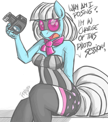 Size: 1067x1200 | Tagged: safe, artist:flutterthrash, photo finish, anthro, blushing, camera, clothes, dialogue, female, looking at you, open mouth, simple background, solo, white background