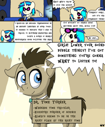 Size: 1000x1200 | Tagged: safe, artist:bjdazzle, dj pon-3, doctor whooves, vinyl scratch, earth pony, pony, unicorn, comic:accidental transit guardians, atg 2018, bowtie, chibi, comic, disbelief, everything is fixed, familiar, female, male, mare, newbie artist training grounds, profile, question mark, sparkles, speakers, stallion, turntable, yelling