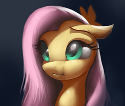 Size: 2640x2250 | Tagged: safe, artist:auroriia, fluttershy, pegasus, pony, :i, bust, cute, dark background, female, floppy ears, mare, portrait, shyabetes, solo, three quarter view