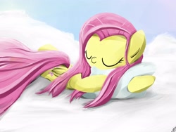 Size: 4000x3000 | Tagged: safe, artist:widelake, fluttershy, pegasus, pony, cloud, cuddling, eyes closed, female, folded wings, hug, mare, nap, on a cloud, pillow, pillow hug, prone, sleeping, solo, stray strand, wings