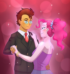 Size: 2974x3140 | Tagged: safe, artist:feellikeaplat, pinkie pie, oc, oc:copper plume, equestria girls, blushing, bracelet, canon x oc, clothes, commission, commissioner:imperfectxiii, copperpie, dancing, dress, freckles, glasses, hand on hip, hand on shoulder, high res, holding hands, jewelry, necktie, ponytail, smiling, suit