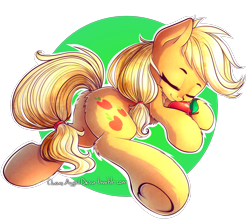 Size: 2000x1760 | Tagged: safe, artist:chaosangeldesu, applejack, earth pony, pony, apple, cute, female, food, jackabetes, mare, simple background, sleeping, solo, transparent background, underhoof