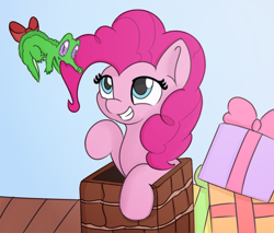 Size: 654x557 | Tagged: safe, artist:treekickerdraws, gummy, pinkie pie, earth pony, pony, christmas, cute, diapinkes, female, grin, holiday, mare, present, smiling