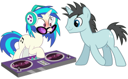 Size: 9722x6050 | Tagged: safe, artist:caliazian, artist:vectorizedunicorn, edit, dj pon-3, neon lights, rising star, vinyl scratch, pony, unicorn, leap of faith, slice of life (episode), absurd resolution, background pony, blushing, female, headphones, male, mare, open mouth, shipping, simple background, stallion, straight, sunglasses, transparent background, turntable, vector, vinylights