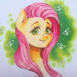 Size: 1280x1280 | Tagged: safe, artist:tillukkalilihukka, fluttershy, butterfly, pegasus, pony, bust, eyelashes, female, looking at you, mare, obtrusive watermark, portrait, smiling, solo, three quarter view, traditional art, watermark