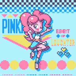 Size: 768x768 | Tagged: safe, artist:branewashpv, pinkie pie, eqg summertime shorts, equestria girls, abstract background, clothes, cute, diapinkes, dress, female, one eye closed, open mouth, pixel art, retro, server pinkie pie, solo, waitress