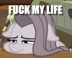 Size: 596x478 | Tagged: safe, edit, edited screencap, screencap, pinkie pie, earth pony, pony, yakity-sax, caption, cropped, depressed, floppy ears, fuck my life, image macro, meme, pinkamena diane pie, solo focus, text, vulgar