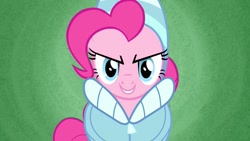 Size: 955x537 | Tagged: safe, screencap, pinkie pie, earth pony, pony, best gift ever, hearth's warming shorts, triple pony dare ya, adorabolical, clothes, cute, diapinkes, evil grin, female, grin, looking at you, mare, smiling, smirk, solo