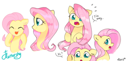 Size: 1200x580 | Tagged: safe, artist:ch-chau, fluttershy, pegasus, pony, :p, blushing, cute, dialogue, expressions, eye clipping through hair, female, happy, hi, mare, open mouth, profile, shyabetes, silly, simple background, smiling, solo, text, tongue out, white background