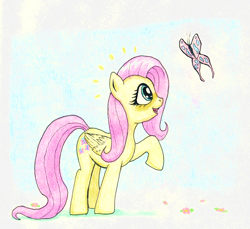 Size: 1116x1024 | Tagged: safe, artist:friendshipishorses, fluttershy, butterfly, pegasus, pony, cute, female, folded wings, looking at something, looking up, mare, open mouth, profile, raised hoof, shyabetes, smiling, solo, standing, traditional art, wings