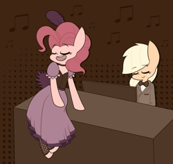 Size: 1071x1021 | Tagged: safe, artist:typhwosion, applejack, pinkie pie, anthro, alternate hairstyle, clothes, dress, piano