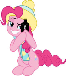 Size: 833x959 | Tagged: safe, artist:jhayarr23, edit, pinkie pie, earth pony, pony, best gift ever, bottle, clothes, faic, hat, poison, pun, raised eyebrow, rubbing hooves, scarf, simple background, smiling, smirk, solo, transparent background, vector