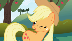 Size: 1280x720 | Tagged: safe, screencap, applejack, earth pony, pony, friendship is magic, applejack's hat, cowboy hat, female, hat, mare, one eye closed, solo, wink