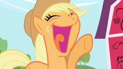 Size: 1280x720 | Tagged: safe, screencap, applejack, earth pony, pony, friendship is magic, applejack's hat, barn, cowboy hat, cute, eyes closed, faic, female, hat, jackabetes, mare, open mouth, raised hoof, solo, volumetric mouth