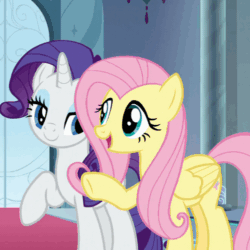 Size: 500x501 | Tagged: safe, screencap, fluttershy, rarity, pegasus, pony, unicorn, the beginning of the end, animated, blinking, canterlot castle, cropped, cute, daaaaaaaaaaaw, duo, eyes closed, female, folded wings, friendship, happy, hnnng, hug, mare, raised hoof, raribetes, shyabetes, smiling, talking, wings