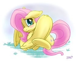 Size: 2000x1600 | Tagged: safe, artist:skoon, fluttershy, pegasus, pony, blushing, cute, hair over one eye, looking at you, shyabetes, simple background, smiling, spread wings, underhoof, white background, wings