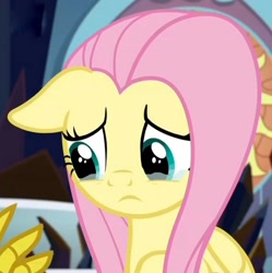 Size: 728x731 | Tagged: safe, screencap, discord, fluttershy, pegasus, pony, the beginning of the end, cropped, crying, cute, floppy ears, offscreen character, sad, sadorable, solo focus, teary eyes