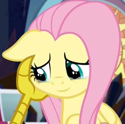Size: 711x709 | Tagged: safe, screencap, discord, fluttershy, pegasus, pony, the beginning of the end, claws, cropped, crying, duo, female, floppy ears, friends, friendship, mare, offscreen character, smiling, solo focus, stroking, talons, teary eyes