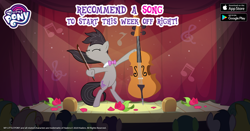 Size: 960x504 | Tagged: safe, lemon hearts, octavia melody, twinkleshine, earth pony, pony, unicorn, bipedal, bowtie, eyes closed, facebook, female, flower, gameloft, mare, music notes, musical instrument, my little pony logo, rose, text, violin