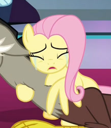 Size: 489x562 | Tagged: safe, screencap, discord, fluttershy, pegasus, pony, the beginning of the end, cropped, crying, duo, hug