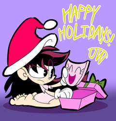 Size: 2388x2491 | Tagged: safe, artist:joeywaggoner, pinkie pie, oc, oc:zally, human, comic:twipinkie-transformation, barefoot, christmas, clothes, feet, hat, holiday, mask, pinkie mask, present, santa hat, the mask