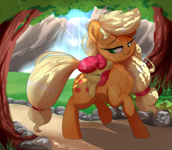 Size: 3200x2800 | Tagged: safe, artist:madacon, apple bloom, applejack, earth pony, pony, adorabloom, carrying, chest fluff, crepuscular rays, cute, daaaaaaaaaaaw, dappled sunlight, eyes closed, female, filly, grass, looking over shoulder, mare, pathway, ponies riding ponies, resting, scenery, siblings, sisterly love, sisters, sleeping, smiling, sunshine, tree, water, waterfall