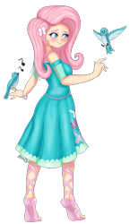 Size: 2114x3644 | Tagged: safe, artist:nin10ja, fluttershy, bird, equestria girls, blushing, clothes, cute, dress, female, hairpin, smiling