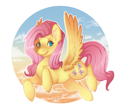 Size: 1449x1309 | Tagged: safe, artist:jannemoore, fluttershy, pegasus, pony, beanbrows, chest fluff, cloud, colored pupils, cute, ear fluff, eyebrows, female, flying, leg fluff, mare, shyabetes, sky, solo