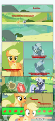 Size: 1919x4225 | Tagged: safe, artist:estories, applejack, oc, oc:curly mane, oc:silverlay, earth pony, pony, unicorn, comic:a(pple)ffection, comic, female, gem, lake, magic, mare