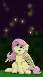 Size: 2250x4000 | Tagged: safe, artist:ljdamz1119, fluttershy, firefly (insect), pegasus, pony, cute, female, looking at something, looking up, mare, night, shyabetes, sitting, smiling, solo, spread wings, three quarter view, wings