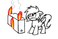 Size: 1163x778 | Tagged: safe, artist:neuro, oc, oc only, pony, computer, fire, floppy ears, monochrome, mouth hold, simple background, solo, technical difficulties, white background, wrench