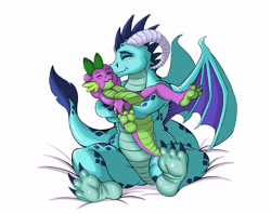 Size: 3507x2780 | Tagged: safe, artist:exelzior, princess ember, spike, dragon, cute, emberspike, feet, female, kiss on the cheek, kissing, male, shipping, simple background, size difference, spikabetes, spikelove, straight, white background