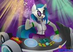 Size: 4961x3508 | Tagged: safe, artist:edonovaillustrator, dj pon-3, vinyl scratch, anthro, unicorn, disco ball, female, glow, lights, open mouth, smiling, solo, speakers, turntable