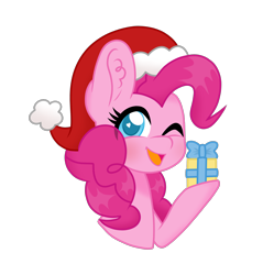 Size: 2470x2479 | Tagged: safe, artist:superanina, pinkie pie, earth pony, pony, christmas, cute, diapinkes, female, hat, holiday, mare, one eye closed, present, santa hat, simple background, smiling, solo, transparent background, wink