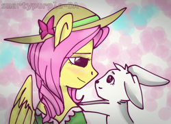 Size: 1016x734 | Tagged: safe, artist:smartypurple, angel bunny, fluttershy, pegasus, pony, rabbit, abstract background, bust, clothes, cute, duo, eye contact, female, hat, looking at each other, mare, pet, wings