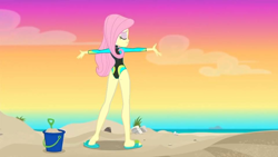 Size: 960x540 | Tagged: safe, artist:wolf, edit, edited screencap, screencap, fluttershy, aww... baby turtles, better together, equestria girls, ass, clothes, flutterbutt, one-piece swimsuit, rear view, sandals, swimsuit, wetsuit