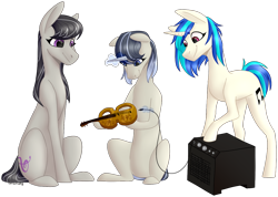 Size: 1280x909 | Tagged: safe, artist:sychia, dj pon-3, octavia melody, vinyl scratch, oc, earth pony, pony, unicorn, commission, electric violin, female, lesbian, levitation, magic, magical lesbian spawn, mare, musical instrument, offspring, parent:octavia melody, parent:vinyl scratch, parents:scratchtavia, raised hoof, scratchtavia, shipping, simple background, sitting, speakers, telekinesis, transparent background, violin