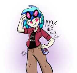 Size: 1131x1074 | Tagged: safe, artist:christheblue, dj pon-3, vinyl scratch, human, equestria girls, cargo pants, clothes, flannel shirt, glasses, headphones, hipster, humanized, pants, solo, soundwave (transformers), transformers