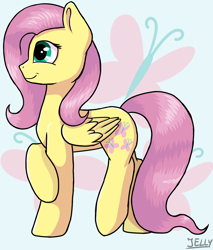 Size: 1700x2000 | Tagged: safe, artist:jellyys, fluttershy, butterfly, pegasus, pony, cutie mark background, female, folded wings, mare, profile, shy, solo, standing, wings