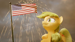 Size: 1920x1080 | Tagged: safe, artist:dashyoshi, applejack, earth pony, pony, 3d, 4th of july, blonde, flag, hatless, holiday, missing accessory, smiling, solo, united states
